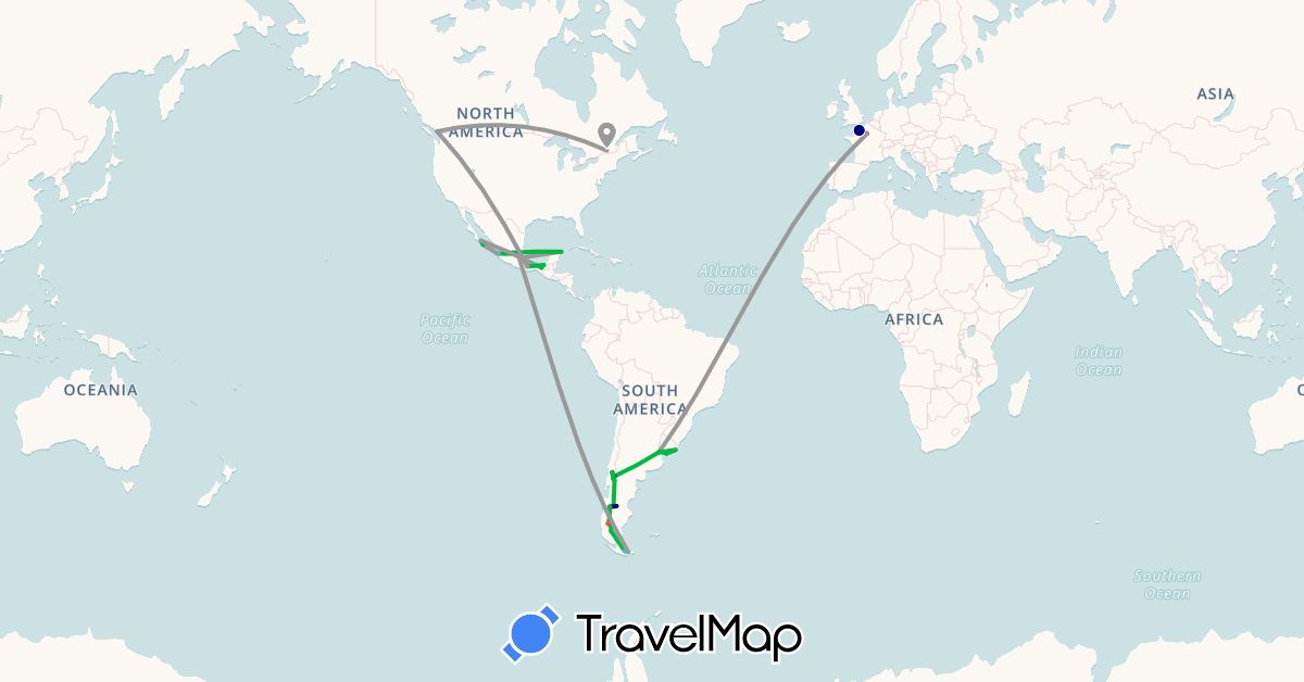 TravelMap itinerary: driving, bus, plane, hiking, boat in Argentina, Canada, Chile, France, Mexico, Uruguay (Europe, North America, South America)
